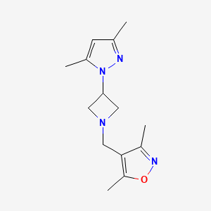 molecular formula C14H20N4O B7573722 4-[[3-(3,5-Dimethylpyrazol-1-yl)azetidin-1-yl]methyl]-3,5-dimethyl-1,2-oxazole 