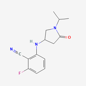 molecular formula C14H16FN3O B7573912 2-Fluoro-6-[(5-oxo-1-propan-2-ylpyrrolidin-3-yl)amino]benzonitrile 
