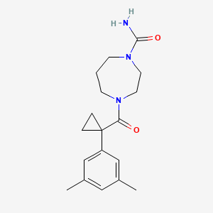 molecular formula C18H25N3O2 B7574056 4-[1-(3,5-Dimethylphenyl)cyclopropanecarbonyl]-1,4-diazepane-1-carboxamide 