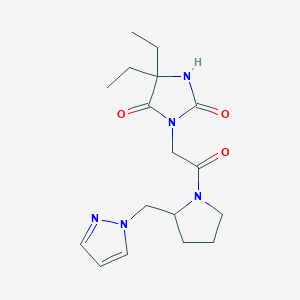 molecular formula C17H25N5O3 B7574116 5,5-Diethyl-3-[2-oxo-2-[2-(pyrazol-1-ylmethyl)pyrrolidin-1-yl]ethyl]imidazolidine-2,4-dione 