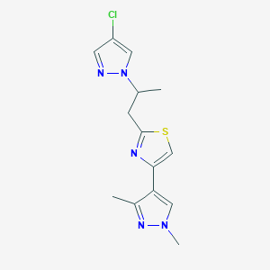 molecular formula C14H16ClN5S B7574479 2-[2-(4-Chloropyrazol-1-yl)propyl]-4-(1,3-dimethylpyrazol-4-yl)-1,3-thiazole 