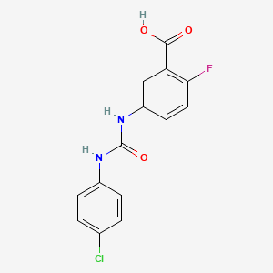molecular formula C14H10ClFN2O3 B7575204 5-[(4-Chlorophenyl)carbamoylamino]-2-fluorobenzoic acid 