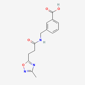 molecular formula C14H15N3O4 B7575377 3-[[3-(3-Methyl-1,2,4-oxadiazol-5-yl)propanoylamino]methyl]benzoic acid 