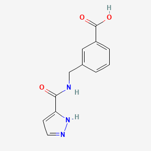 molecular formula C12H11N3O3 B7575469 3-[(1H-pyrazole-5-carbonylamino)methyl]benzoic acid 
