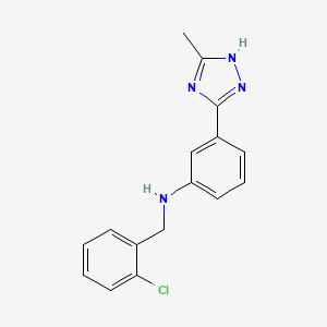 molecular formula C16H15ClN4 B7575744 N-[(2-chlorophenyl)methyl]-3-(5-methyl-1H-1,2,4-triazol-3-yl)aniline 