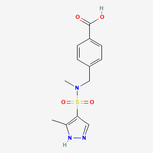 molecular formula C13H15N3O4S B7575919 4-[[methyl-[(5-methyl-1H-pyrazol-4-yl)sulfonyl]amino]methyl]benzoic acid 