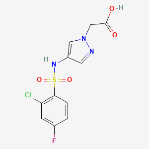 molecular formula C11H9ClFN3O4S B7576500 2-[4-[(2-Chloro-4-fluorophenyl)sulfonylamino]pyrazol-1-yl]acetic acid 