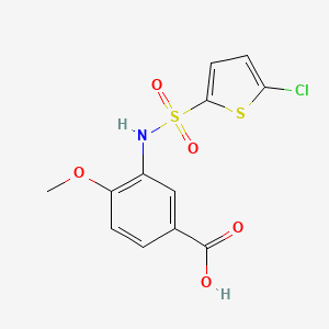 molecular formula C12H10ClNO5S2 B7577128 3-[(5-Chlorothiophen-2-yl)sulfonylamino]-4-methoxybenzoic acid 