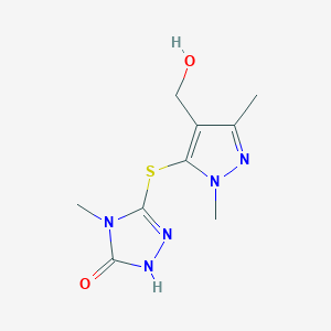 molecular formula C9H13N5O2S B7577388 3-[4-(hydroxymethyl)-2,5-dimethylpyrazol-3-yl]sulfanyl-4-methyl-1H-1,2,4-triazol-5-one 