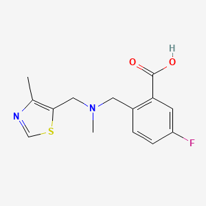molecular formula C14H15FN2O2S B7577596 5-Fluoro-2-[[methyl-[(4-methyl-1,3-thiazol-5-yl)methyl]amino]methyl]benzoic acid 