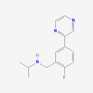 molecular formula C14H16FN3 B7577769 N-[(2-fluoro-5-pyrazin-2-ylphenyl)methyl]propan-2-amine 