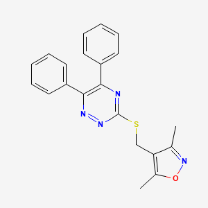 molecular formula C21H18N4OS B7578313 4-[(5,6-Diphenyl-1,2,4-triazin-3-yl)sulfanylmethyl]-3,5-dimethyl-1,2-oxazole 