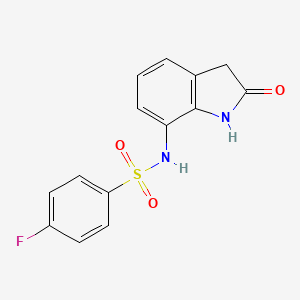 molecular formula C14H11FN2O3S B7578501 Benzenesulfonamide, 4-fluoro-N-(2-oxo-2,3-dihydro-1H-indol-7-yl)- 