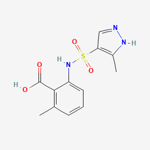 molecular formula C12H13N3O4S B7578517 2-methyl-6-[(5-methyl-1H-pyrazol-4-yl)sulfonylamino]benzoic acid 
