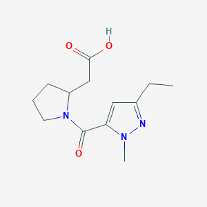 molecular formula C13H19N3O3 B7578948 2-[1-(5-Ethyl-2-methylpyrazole-3-carbonyl)pyrrolidin-2-yl]acetic acid 