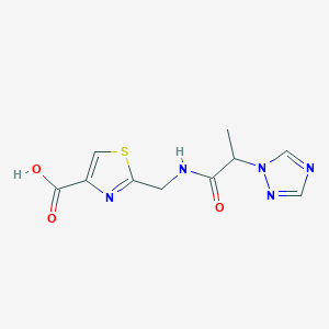 molecular formula C10H11N5O3S B7579544 2-[[2-(1,2,4-Triazol-1-yl)propanoylamino]methyl]-1,3-thiazole-4-carboxylic acid 