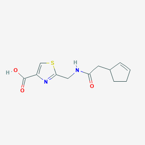 molecular formula C12H14N2O3S B7579567 2-[[(2-Cyclopent-2-en-1-ylacetyl)amino]methyl]-1,3-thiazole-4-carboxylic acid 
