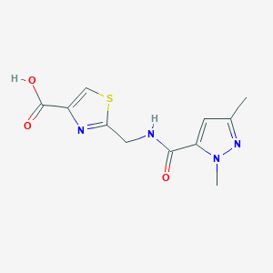 molecular formula C11H12N4O3S B7579591 2-[[(2,5-Dimethylpyrazole-3-carbonyl)amino]methyl]-1,3-thiazole-4-carboxylic acid 