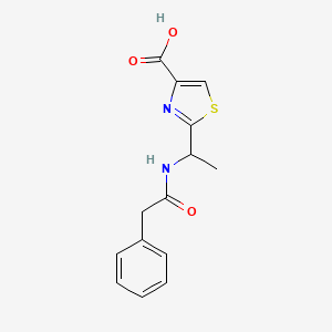 molecular formula C14H14N2O3S B7579665 2-[1-[(2-Phenylacetyl)amino]ethyl]-1,3-thiazole-4-carboxylic acid 