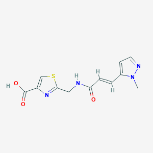 molecular formula C12H12N4O3S B7579727 2-[[[(E)-3-(2-methylpyrazol-3-yl)prop-2-enoyl]amino]methyl]-1,3-thiazole-4-carboxylic acid 