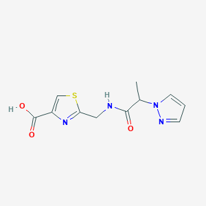 molecular formula C11H12N4O3S B7579832 2-[(2-Pyrazol-1-ylpropanoylamino)methyl]-1,3-thiazole-4-carboxylic acid 