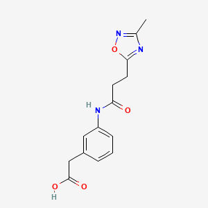 molecular formula C14H15N3O4 B7580729 2-[3-[3-(3-Methyl-1,2,4-oxadiazol-5-yl)propanoylamino]phenyl]acetic acid 