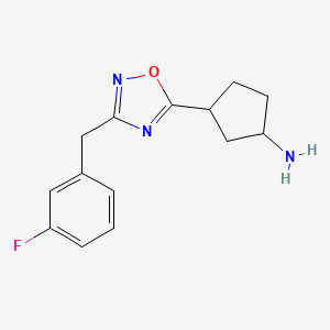 molecular formula C14H16FN3O B7582440 3-[3-[(3-Fluorophenyl)methyl]-1,2,4-oxadiazol-5-yl]cyclopentan-1-amine 