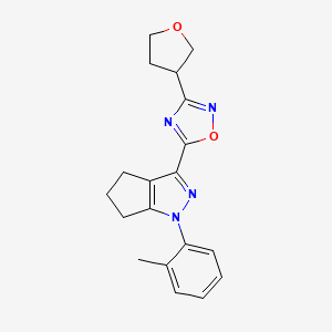 molecular formula C19H20N4O2 B7583250 5-[1-(2-methylphenyl)-5,6-dihydro-4H-cyclopenta[c]pyrazol-3-yl]-3-(oxolan-3-yl)-1,2,4-oxadiazole 