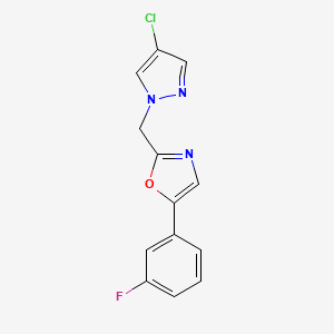 molecular formula C13H9ClFN3O B7585138 2-[(4-Chloropyrazol-1-yl)methyl]-5-(3-fluorophenyl)-1,3-oxazole 