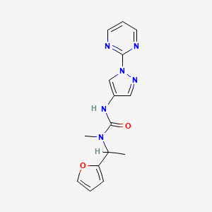 molecular formula C15H16N6O2 B7585689 1-[1-(Furan-2-yl)ethyl]-1-methyl-3-(1-pyrimidin-2-ylpyrazol-4-yl)urea 