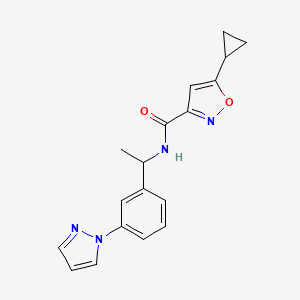molecular formula C18H18N4O2 B7585910 5-cyclopropyl-N-[1-(3-pyrazol-1-ylphenyl)ethyl]-1,2-oxazole-3-carboxamide 