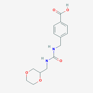 molecular formula C14H18N2O5 B7587254 4-[(1,4-Dioxan-2-ylmethylcarbamoylamino)methyl]benzoic acid 