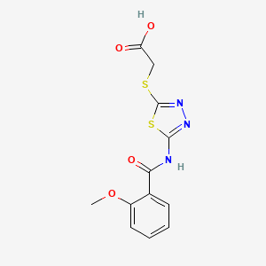 molecular formula C12H11N3O4S2 B7587495 2-[[5-[(2-Methoxybenzoyl)amino]-1,3,4-thiadiazol-2-yl]sulfanyl]acetic acid 