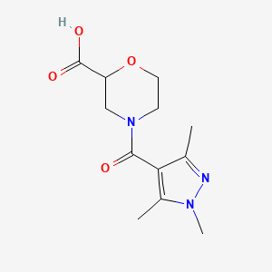 molecular formula C12H17N3O4 B7588896 4-(1,3,5-Trimethylpyrazole-4-carbonyl)morpholine-2-carboxylic acid 