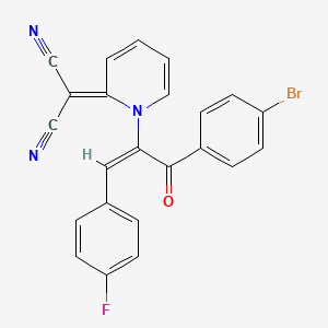 molecular formula C23H13BrFN3O B7589365 2-[1-[(E)-3-(4-bromophenyl)-1-(4-fluorophenyl)-3-oxoprop-1-en-2-yl]pyridin-2-ylidene]propanedinitrile 