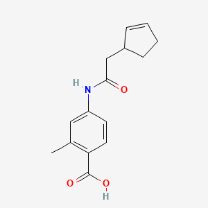molecular formula C15H17NO3 B7589557 4-[(2-Cyclopent-2-en-1-ylacetyl)amino]-2-methylbenzoic acid 