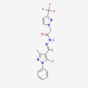 molecular formula C17H14ClF3N6O B7590750 N-[(E)-(5-chloro-3-methyl-1-phenylpyrazol-4-yl)methylideneamino]-2-[3-(trifluoromethyl)pyrazol-1-yl]acetamide 