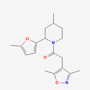 molecular formula C18H24N2O3 B7591161 2-(3,5-Dimethyl-1,2-oxazol-4-yl)-1-[4-methyl-2-(5-methylfuran-2-yl)piperidin-1-yl]ethanone 