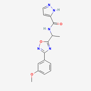 molecular formula C15H15N5O3 B7591424 N-[1-[3-(3-methoxyphenyl)-1,2,4-oxadiazol-5-yl]ethyl]-1H-pyrazole-5-carboxamide 
