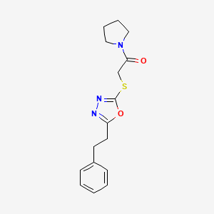 molecular formula C16H19N3O2S B7591565 2-[[5-(2-Phenylethyl)-1,3,4-oxadiazol-2-yl]sulfanyl]-1-pyrrolidin-1-ylethanone 