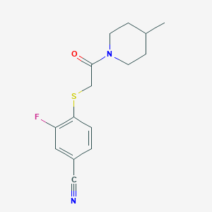 molecular formula C15H17FN2OS B7592926 3-Fluoro-4-[2-(4-methylpiperidin-1-yl)-2-oxoethyl]sulfanylbenzonitrile 