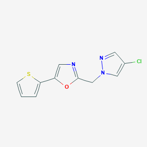 molecular formula C11H8ClN3OS B7593671 2-[(4-Chloropyrazol-1-yl)methyl]-5-thiophen-2-yl-1,3-oxazole 