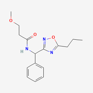 molecular formula C16H21N3O3 B7593912 3-methoxy-N-[phenyl-(5-propyl-1,2,4-oxadiazol-3-yl)methyl]propanamide 