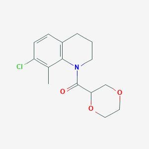 molecular formula C15H18ClNO3 B7594183 (7-chloro-8-methyl-3,4-dihydro-2H-quinolin-1-yl)-(1,4-dioxan-2-yl)methanone 