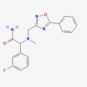 molecular formula C18H17FN4O2 B7594494 2-(3-Fluorophenyl)-2-[methyl-[(5-phenyl-1,2,4-oxadiazol-3-yl)methyl]amino]acetamide 
