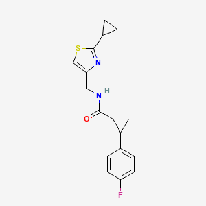 molecular formula C17H17FN2OS B7596385 N-[(2-cyclopropyl-1,3-thiazol-4-yl)methyl]-2-(4-fluorophenyl)cyclopropane-1-carboxamide 