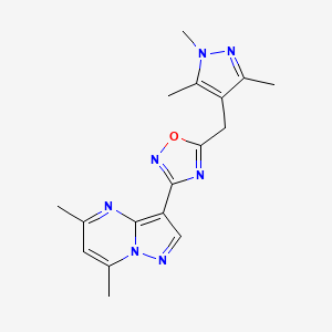 molecular formula C17H19N7O B7596603 3-(5,7-Dimethylpyrazolo[1,5-a]pyrimidin-3-yl)-5-[(1,3,5-trimethylpyrazol-4-yl)methyl]-1,2,4-oxadiazole 