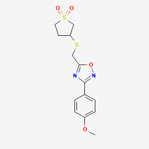 molecular formula C14H16N2O4S2 B7596667 3-[[3-(4-Methoxyphenyl)-1,2,4-oxadiazol-5-yl]methylsulfanyl]thiolane 1,1-dioxide 