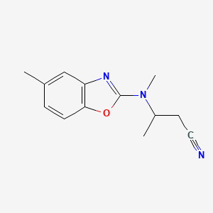 molecular formula C13H15N3O B7598152 3-[Methyl-(5-methyl-1,3-benzoxazol-2-yl)amino]butanenitrile 