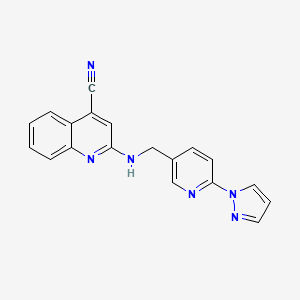 molecular formula C19H14N6 B7598653 2-[(6-Pyrazol-1-ylpyridin-3-yl)methylamino]quinoline-4-carbonitrile 